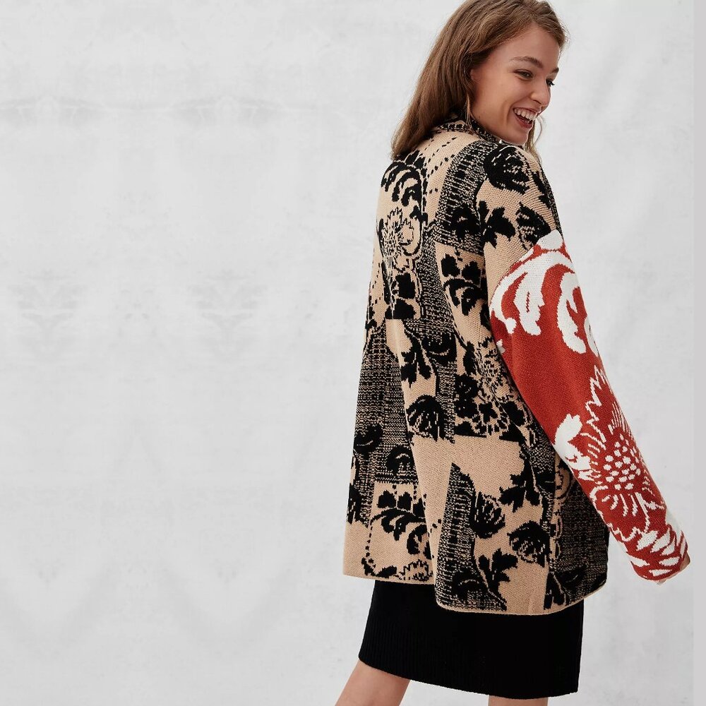 Anthropologie Lola Cocoon Cardigan Open Front Patchwork Tan Red XS/S #A1045 - Picture 9 of 16